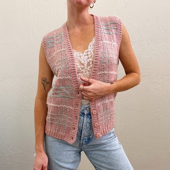 Vintage Pastel Pink Green Plaid Knit Button Up Sweater Vest - Picture 6 of 7